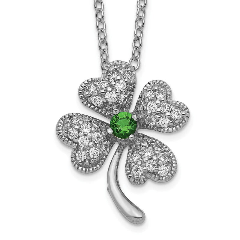 Sterlingsilber Cheryl M Rhodiniert Brillant-cut Grün Glas und Weiß Zirkonia Vier Blatt Klee 18 Zoll Halskette