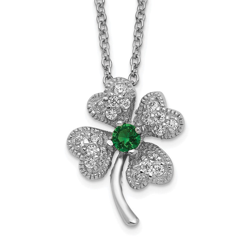 Sterlingsilber Cheryl M Rhodiniert Brillant-cut Grün Glas und Weiß Zirkonia Vier Blatt Klee 15 Zoll Halskette
