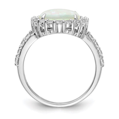 Sterlingsilber Cheryl M Rhodiniert Cabochon Im Labor Erzeugt Opal und Brillant-cut Zirkonia Heiligenschein Ring