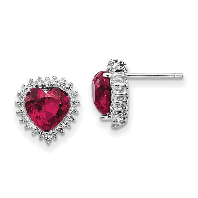Sterlingsilber Cheryl M Rhodiniert 100 Facet Im Labor Erzeugt Rubin und Brillant-cut Weiß Zirkonia Herz Heiligenschein Ohrstecker
