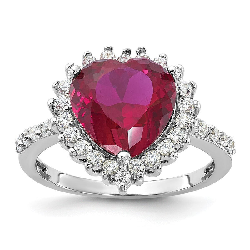 Sterlingsilber Cheryl M Rhodiniert 100 Facet Im Labor Erzeugt Rubin und Brillant-cut Weiß Zirkonia Herz Heiligenschein Ring