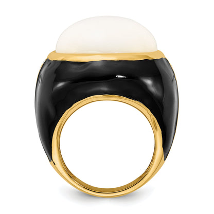 Sterlingsilber Cheryl M Vergoldet Schwarz Emaille, Synthetisch Weiß Achat & Zirkonia Ring