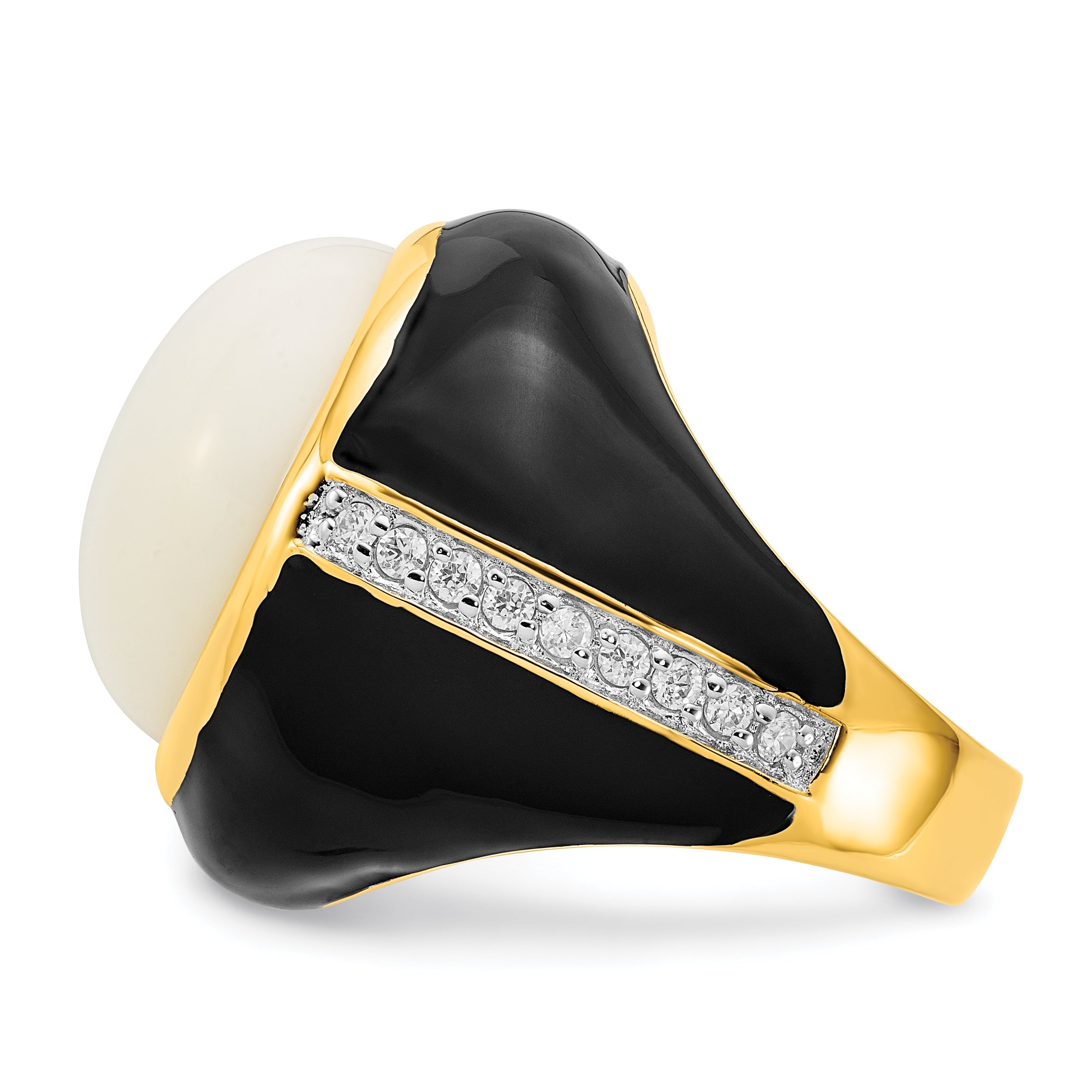 Sterlingsilber Cheryl M Vergoldet Schwarz Emaille, Synthetisch Weiß Achat & Zirkonia Ring