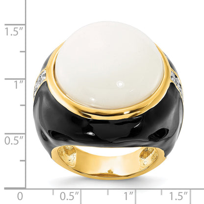 Sterlingsilber Cheryl M Vergoldet Schwarz Emaille, Synthetisch Weiß Achat & Zirkonia Ring