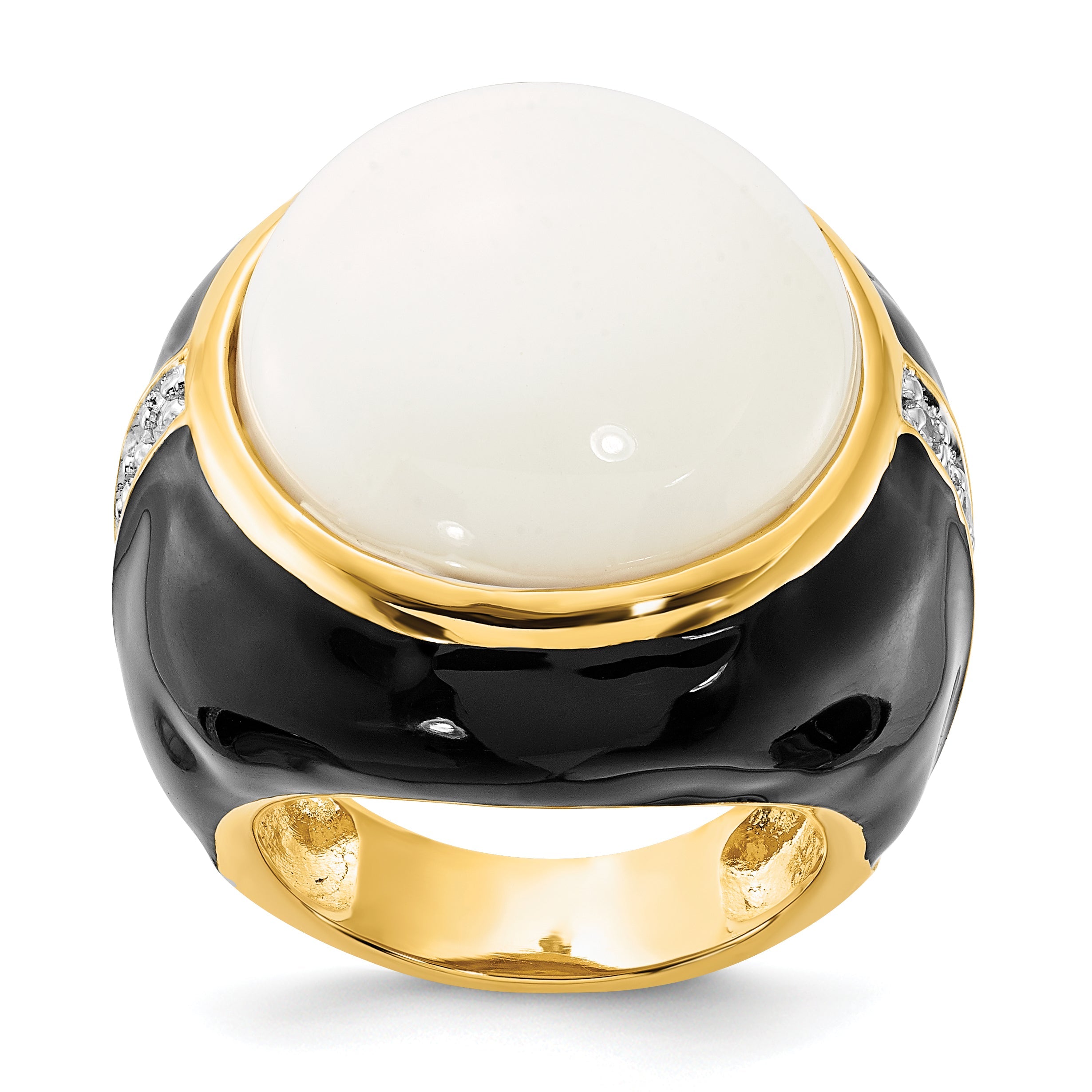 Sterlingsilber Cheryl M Vergoldet Schwarz Emaille, Synthetisch Weiß Achat & Zirkonia Ring