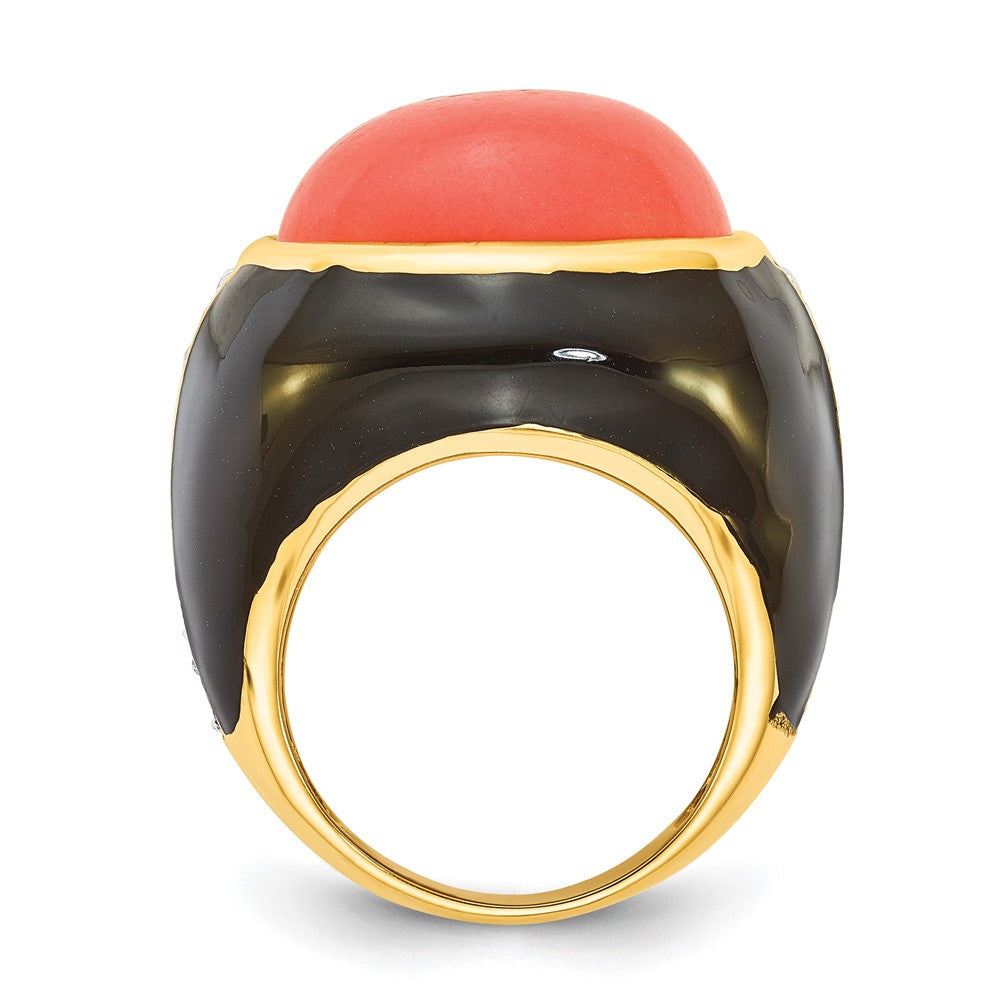Sterlingsilber Cheryl M Vergoldet Schwarz Emaille Synthetisch Rot Coral & Zirkonia Ring