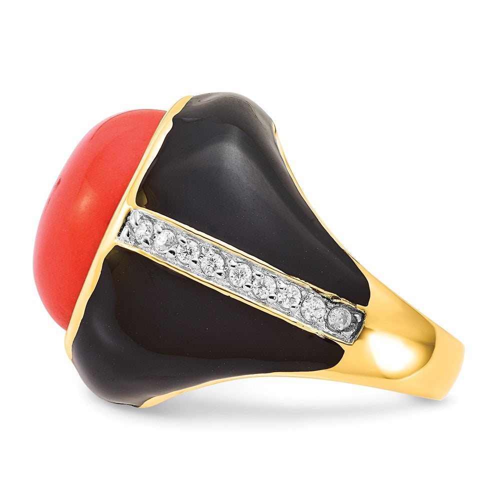 Sterlingsilber Cheryl M Vergoldet Schwarz Emaille Synthetisch Rot Coral & Zirkonia Ring