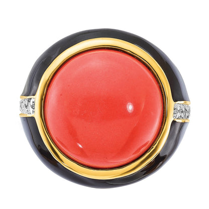 Sterlingsilber Cheryl M Vergoldet Schwarz Emaille Synthetisch Rot Coral & Zirkonia Ring