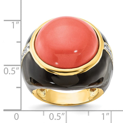 Sterlingsilber Cheryl M Vergoldet Schwarz Emaille Synthetisch Rot Coral & Zirkonia Ring