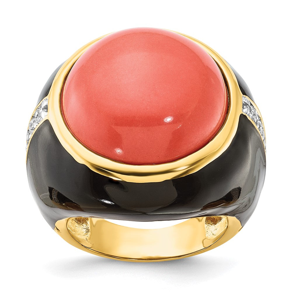 Sterlingsilber Cheryl M Vergoldet Schwarz Emaille Synthetisch Rot Coral & Zirkonia Ring