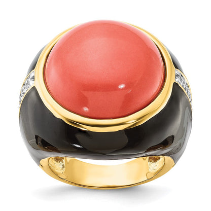 Sterlingsilber Cheryl M Vergoldet Schwarz Emaille Synthetisch Rot Coral & Zirkonia Ring
