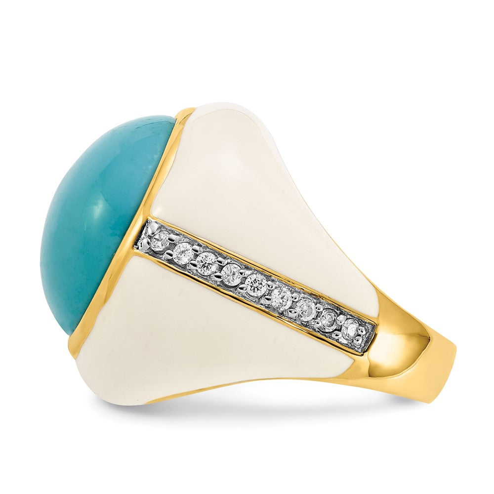 Sterlingsilber Vergoldet Weiß Emaille Sim. Türkis & Zirkonia Ring