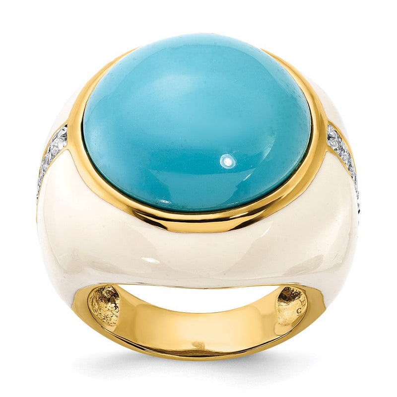 Sterlingsilber Vergoldet Weiß Emaille Sim. Türkis & Zirkonia Ring