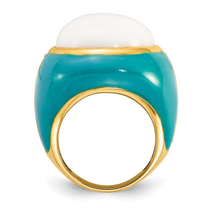 Sterlingsilber Vergoldet Blau Emaille Zirkonia & Synthetisch Weiß Achat Ring