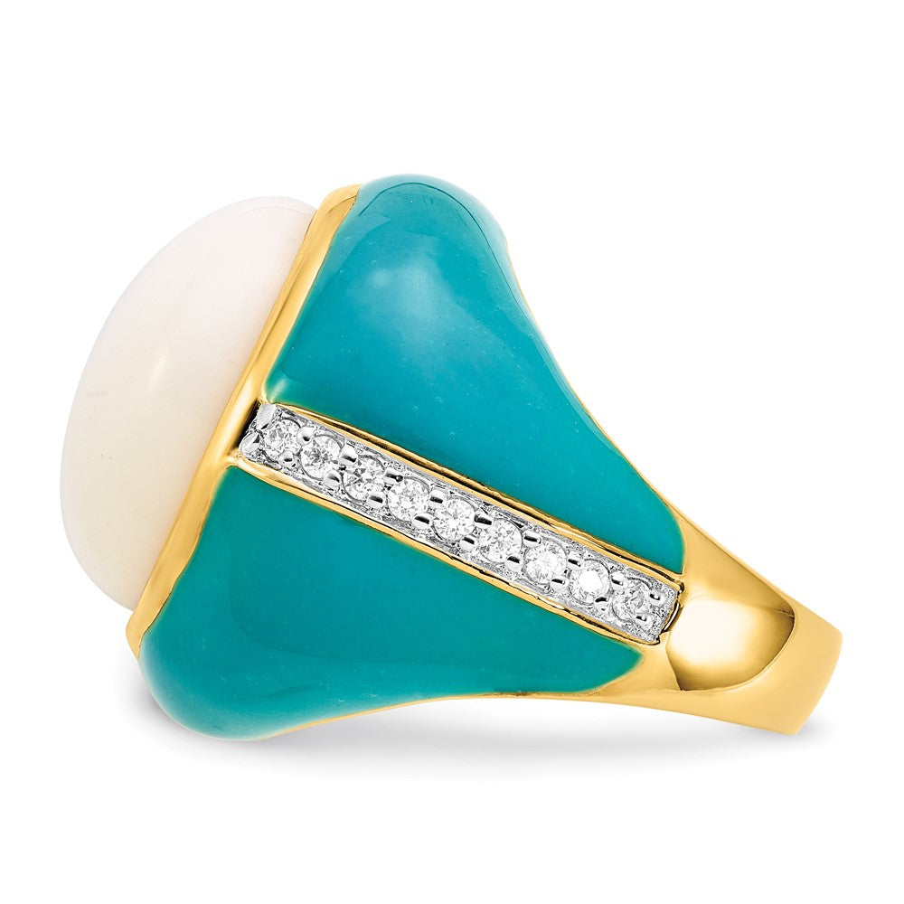 Sterlingsilber Vergoldet Blau Emaille Zirkonia & Synthetisch Weiß Achat Ring