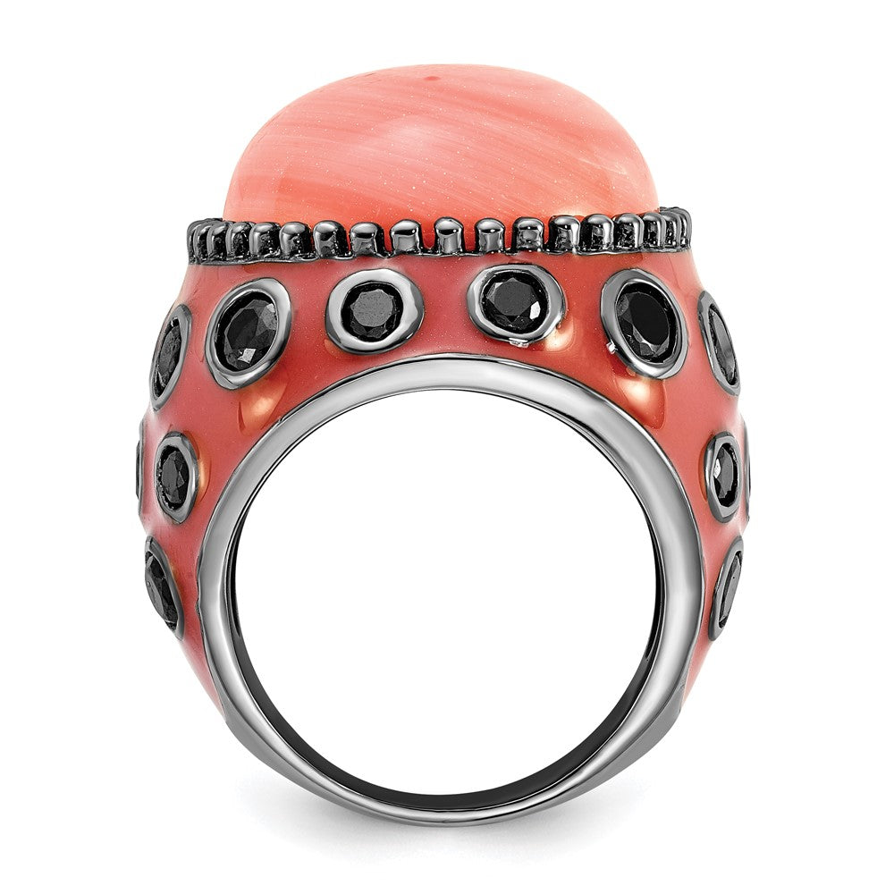 Sterlingsilber Schwarz-beschichtet & Emailliert Synthetisch Rot Coral Zirkonia Ring