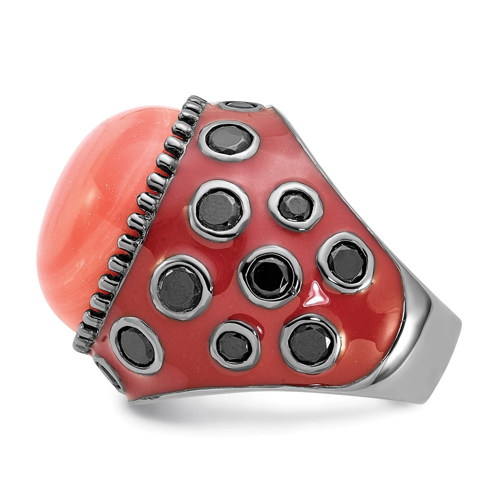 Sterlingsilber Schwarz-beschichtet & Emailliert Synthetisch Rot Coral Zirkonia Ring