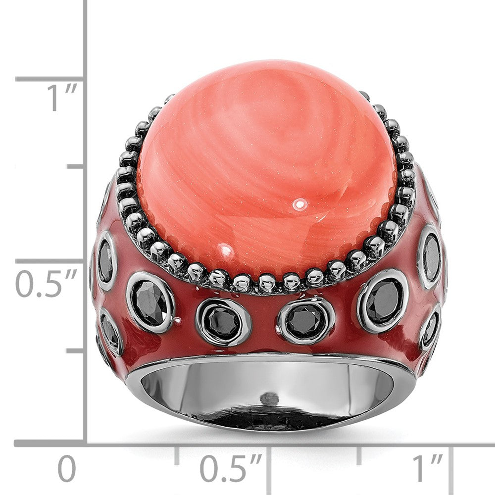 Sterlingsilber Schwarz-beschichtet & Emailliert Synthetisch Rot Coral Zirkonia Ring
