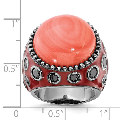 Sterlingsilber Schwarz-beschichtet & Emailliert Synthetisch Rot Coral Zirkonia Ring