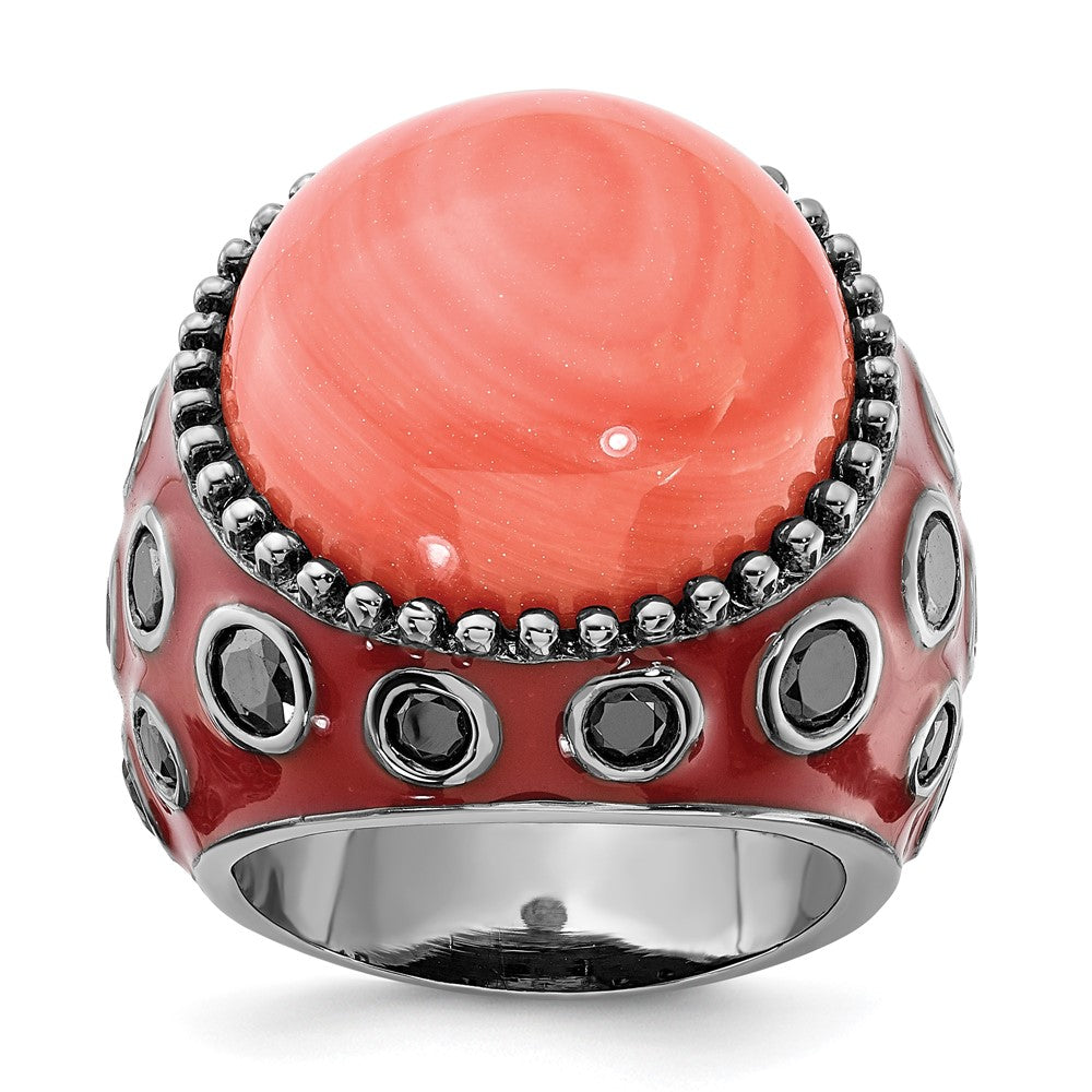 Sterlingsilber Schwarz-beschichtet & Emailliert Synthetisch Rot Coral Zirkonia Ring