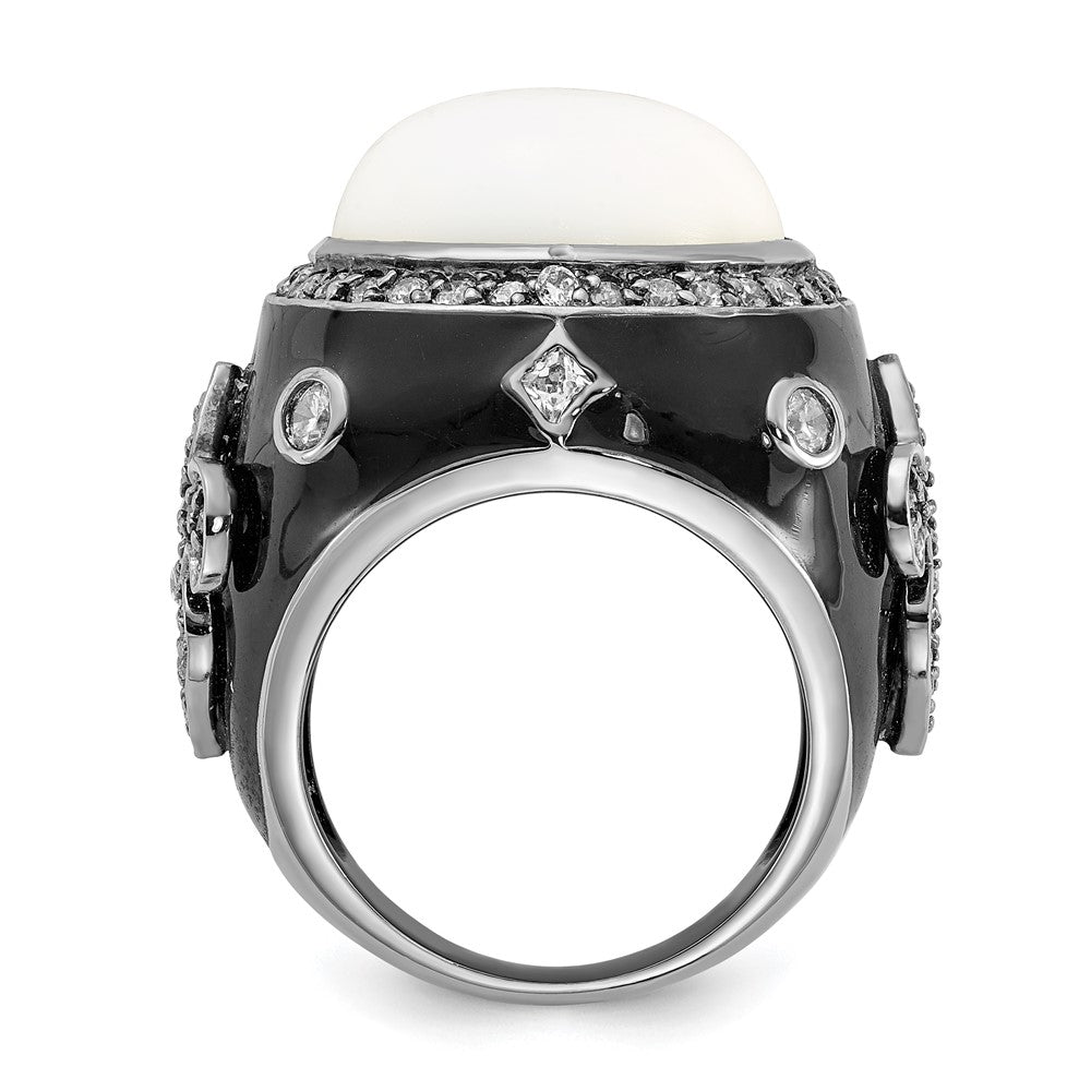 Sterlingsilber Schwarz Rhodiniert Emaille Synthetisch Weiß Achat & Zirkonia Fleur De Lis Ring