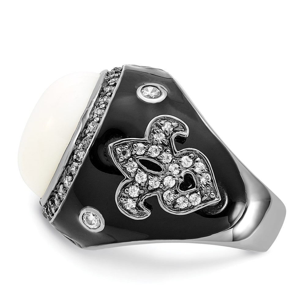 Sterlingsilber Schwarz Rhodiniert Emaille Synthetisch Weiß Achat & Zirkonia Fleur De Lis Ring