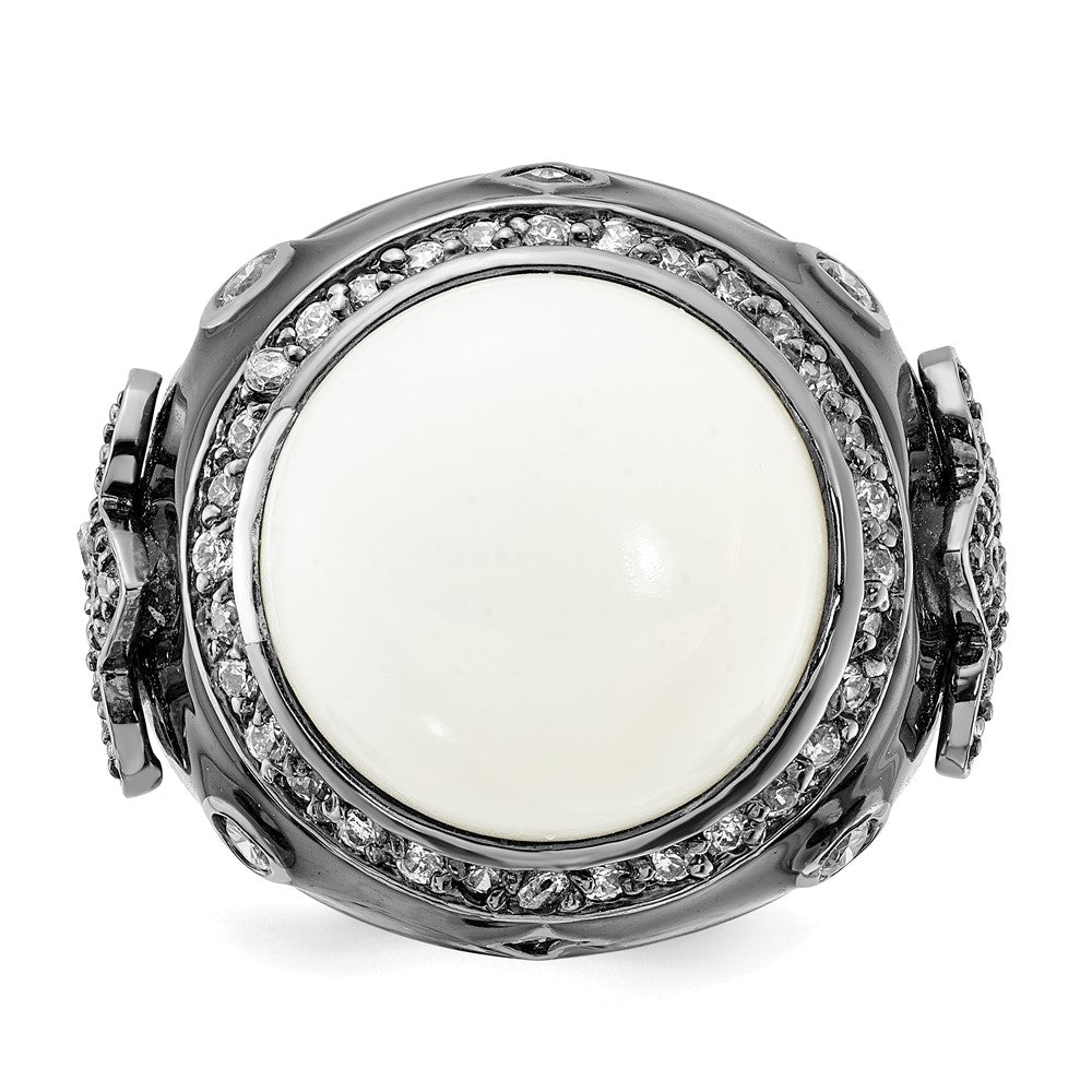 Sterlingsilber Schwarz Rhodiniert Emaille Synthetisch Weiß Achat & Zirkonia Fleur De Lis Ring