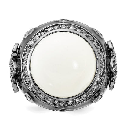 Sterlingsilber Schwarz Rhodiniert Emaille Synthetisch Weiß Achat & Zirkonia Fleur De Lis Ring