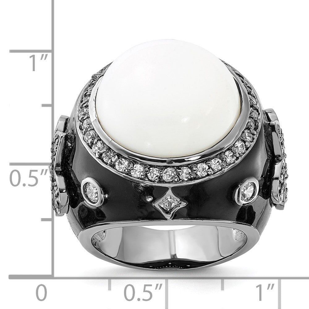 Sterlingsilber Schwarz Rhodiniert Emaille Synthetisch Weiß Achat & Zirkonia Fleur De Lis Ring