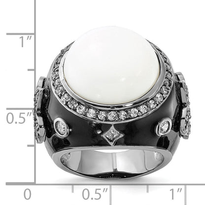 Sterlingsilber Schwarz Rhodiniert Emaille Synthetisch Weiß Achat & Zirkonia Fleur De Lis Ring