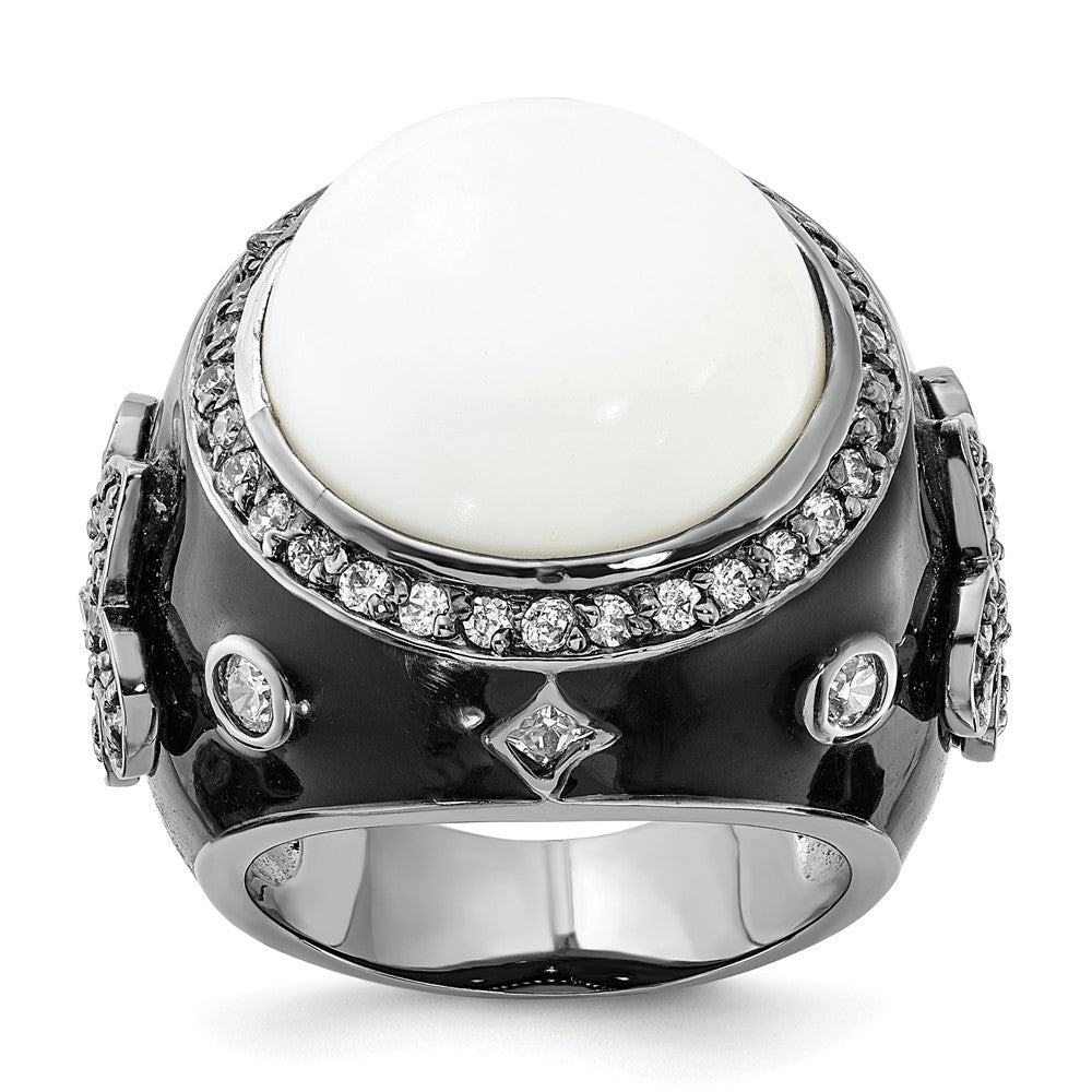 Sterlingsilber Schwarz Rhodiniert Emaille Synthetisch Weiß Achat & Zirkonia Fleur De Lis Ring