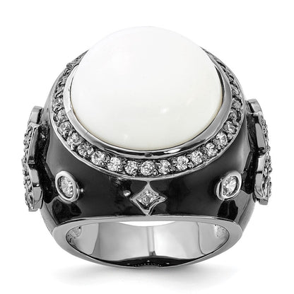 Sterlingsilber Schwarz Rhodiniert Emaille Synthetisch Weiß Achat & Zirkonia Fleur De Lis Ring