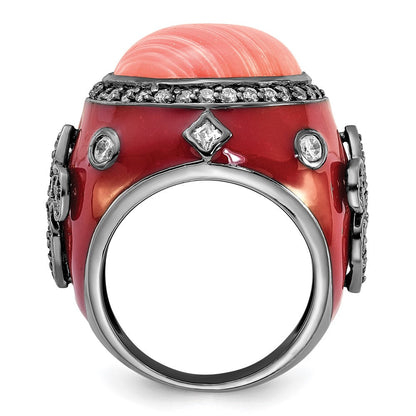 Sterlingsilber Schwarz Rhodiniert Rot Emaille Synthetisch Coral & Zirkonia Fleur De Lis Ring