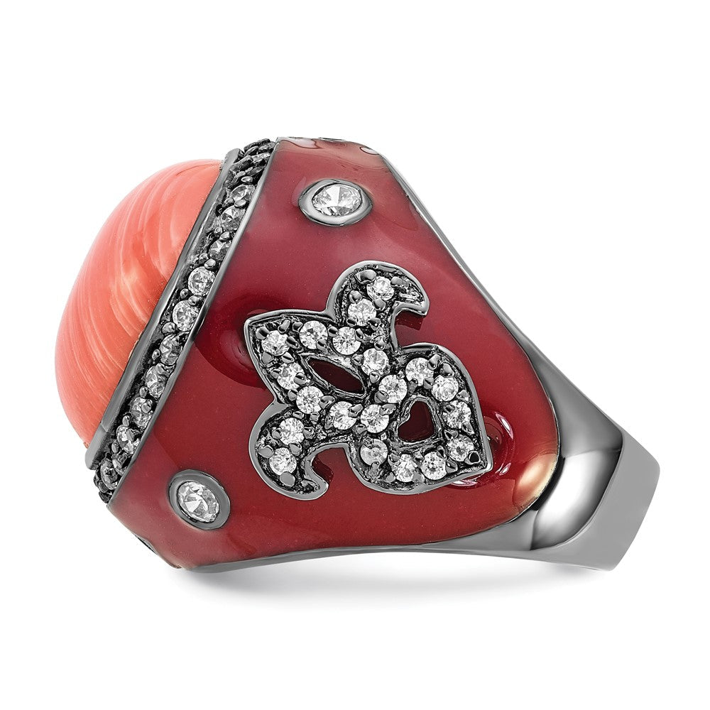 Sterlingsilber Schwarz Rhodiniert Rot Emaille Synthetisch Coral & Zirkonia Fleur De Lis Ring