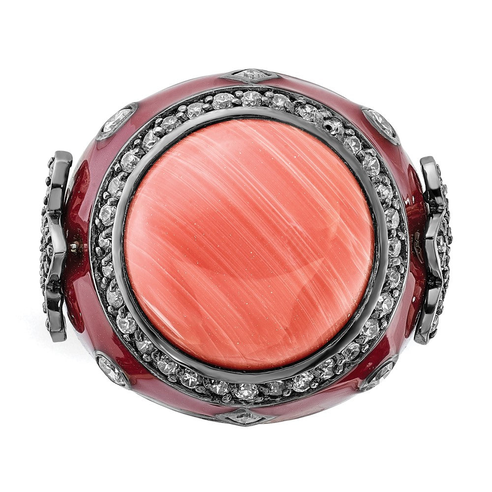Sterlingsilber Schwarz Rhodiniert Rot Emaille Synthetisch Coral & Zirkonia Fleur De Lis Ring