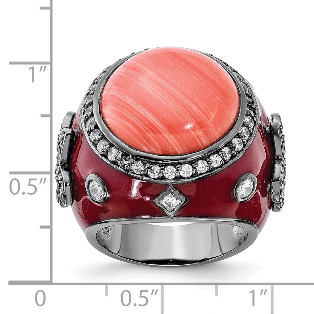 Sterlingsilber Schwarz Rhodiniert Rot Emaille Synthetisch Coral & Zirkonia Fleur De Lis Ring
