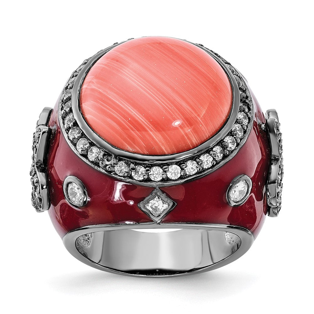 Sterlingsilber Schwarz Rhodiniert Rot Emaille Synthetisch Coral & Zirkonia Fleur De Lis Ring