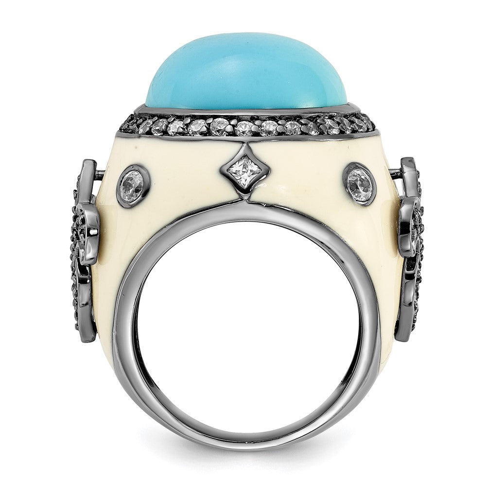 Sterlingsilber Schwarz Rhodiniert Weiß Emaille Synthetisch Türkis & Zirkonia Fleur De Lis Ring