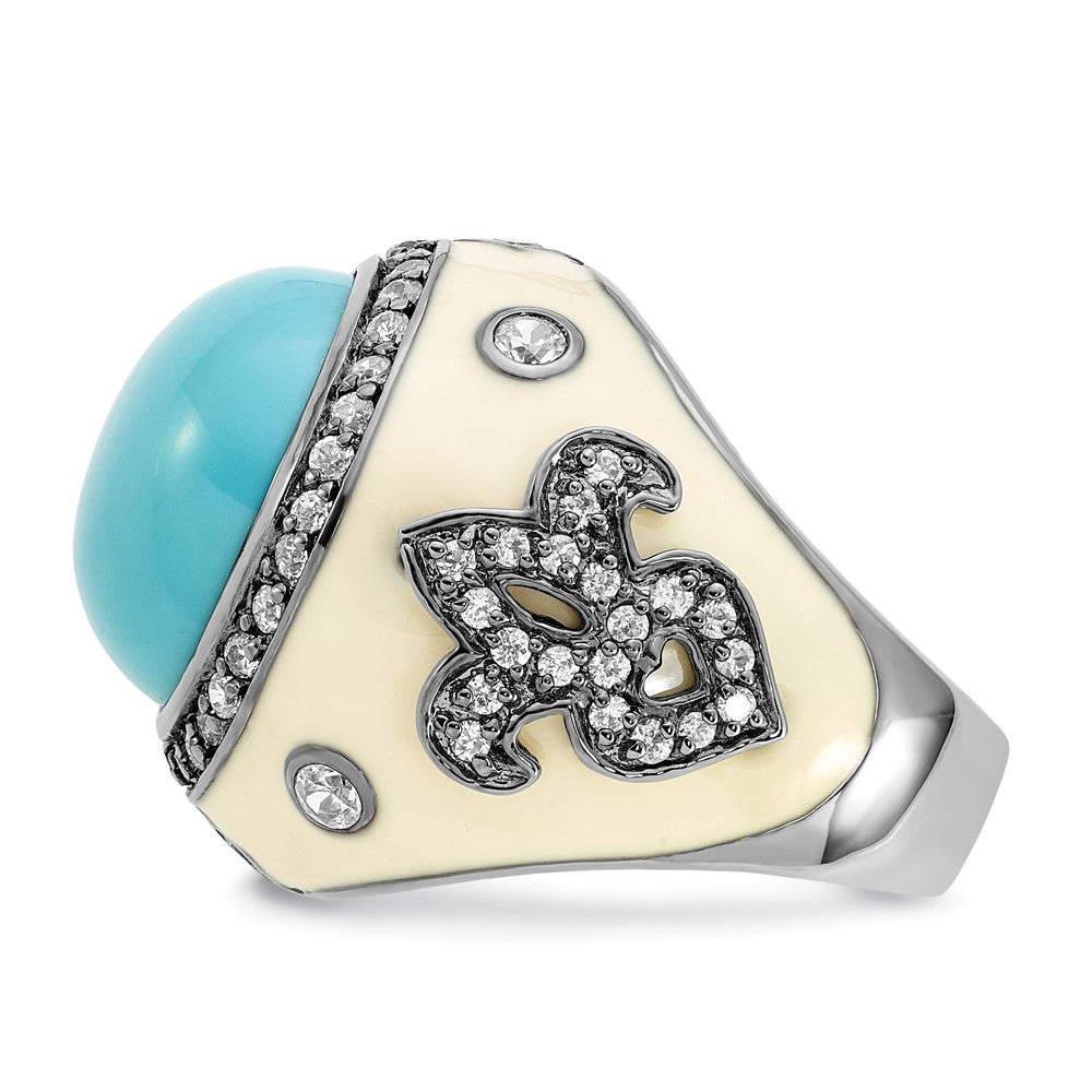 Sterlingsilber Schwarz Rhodiniert Weiß Emaille Synthetisch Türkis & Zirkonia Fleur De Lis Ring