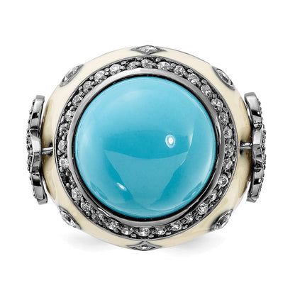 Sterlingsilber Schwarz Rhodiniert Weiß Emaille Synthetisch Türkis & Zirkonia Fleur De Lis Ring