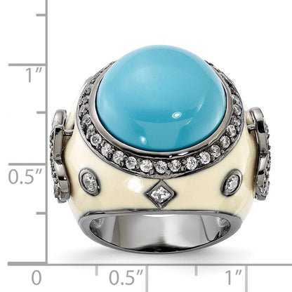 Sterlingsilber Schwarz Rhodiniert Weiß Emaille Synthetisch Türkis & Zirkonia Fleur De Lis Ring