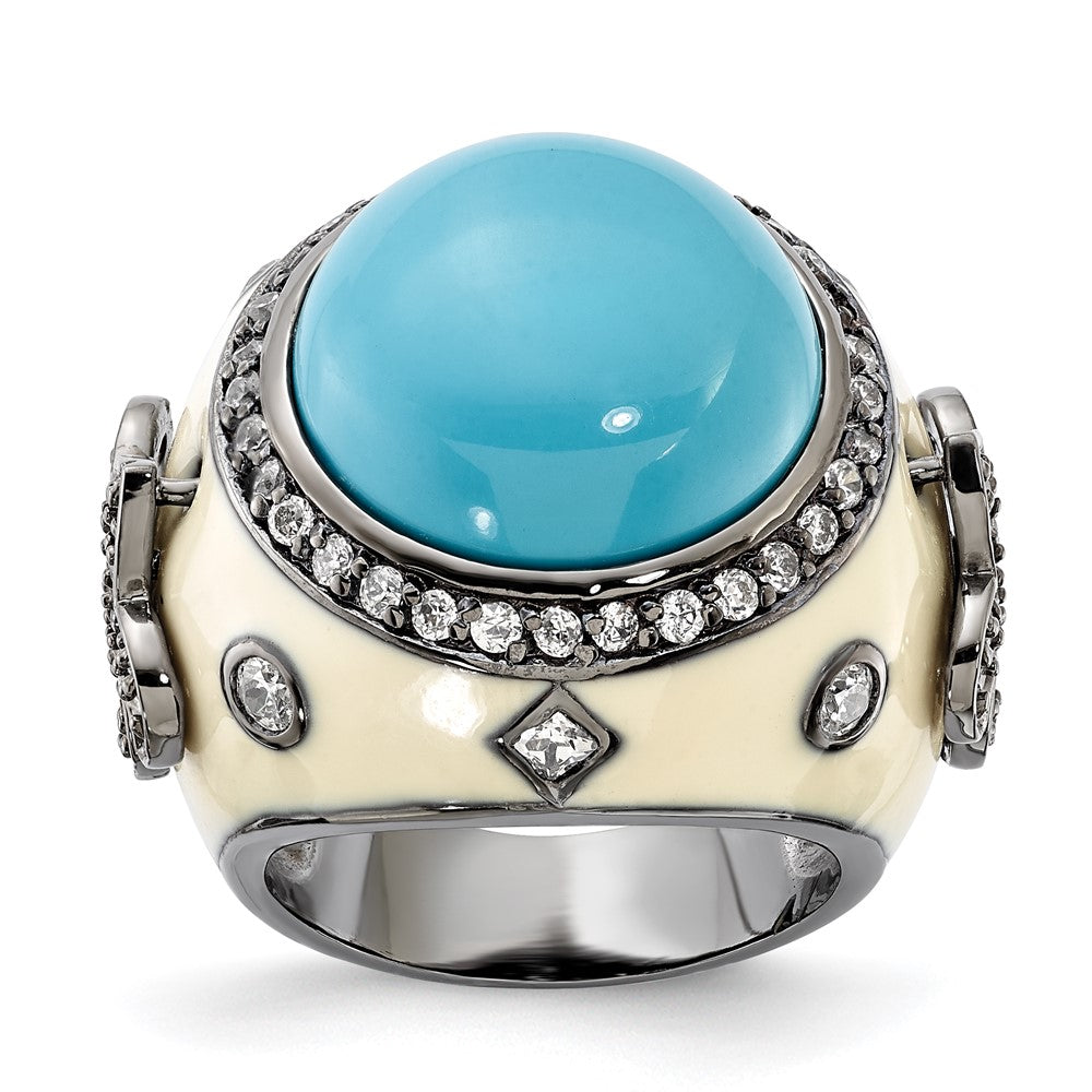 Sterlingsilber Schwarz Rhodiniert Weiß Emaille Synthetisch Türkis & Zirkonia Fleur De Lis Ring
