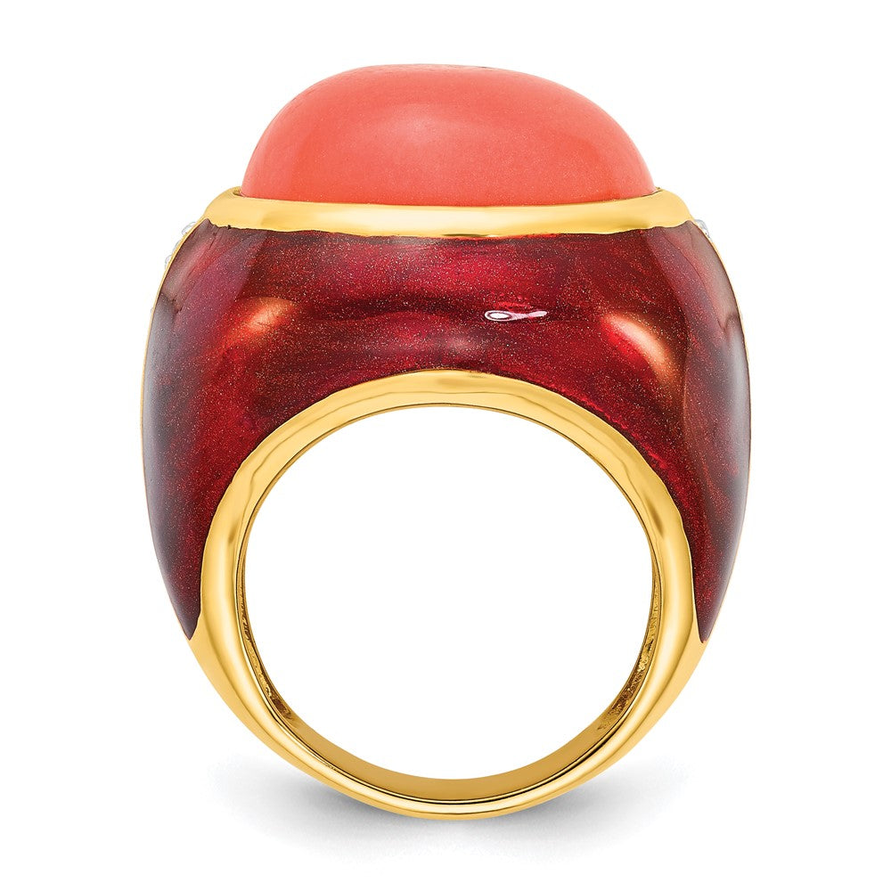 Sterlingsilber Vergoldet Braun Emaille Sim. Rot Coral & Zirkonia Ring