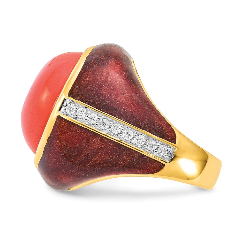 Sterlingsilber Vergoldet Braun Emaille Sim. Rot Coral & Zirkonia Ring