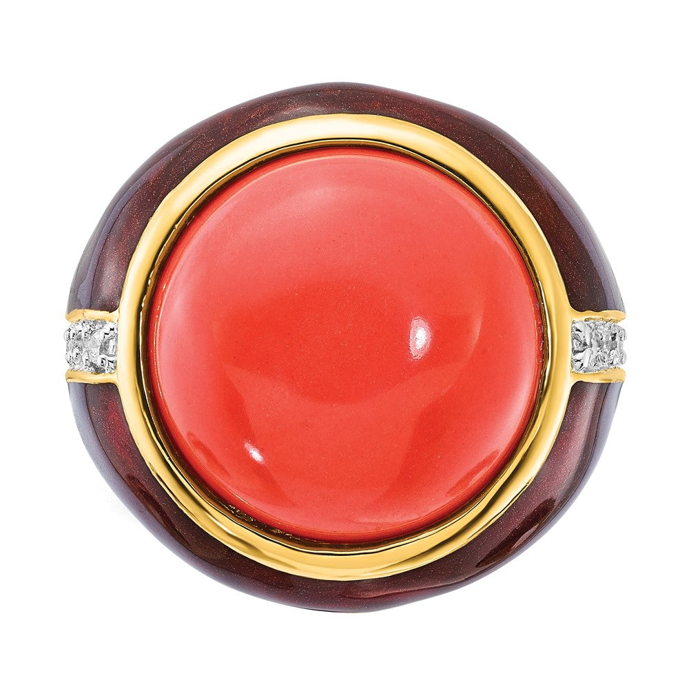 Sterlingsilber Vergoldet Braun Emaille Sim. Rot Coral & Zirkonia Ring