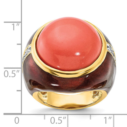 Sterlingsilber Vergoldet Braun Emaille Sim. Rot Coral & Zirkonia Ring