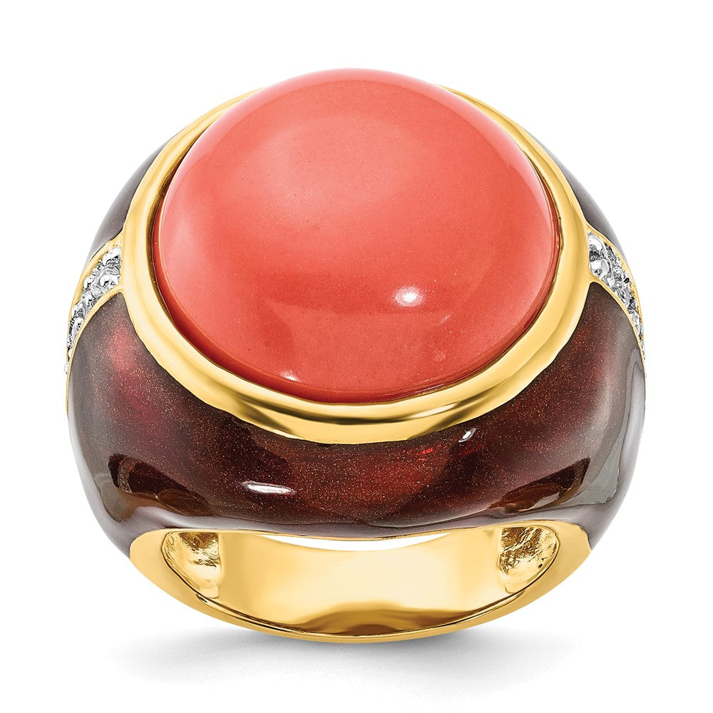Sterlingsilber Vergoldet Braun Emaille Sim. Rot Coral & Zirkonia Ring