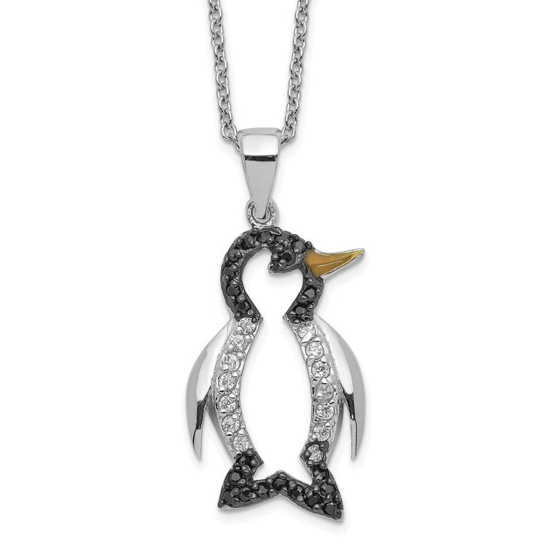 Sterlingsilber Cheryl M Rhodiniert mit Schwarz Rhodium Akzente Emailliert Brillant-cut und Weiß Zirkonia Pinguin 18 Zoll Halskette