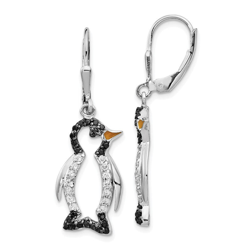 Sterlingsilber Cheryl M Rhodiniert mit Schwarz Rhodium Akzente Emailliert Brillant-cut und Weiß Zirkonia Pinguin Brisur Ohrhänger