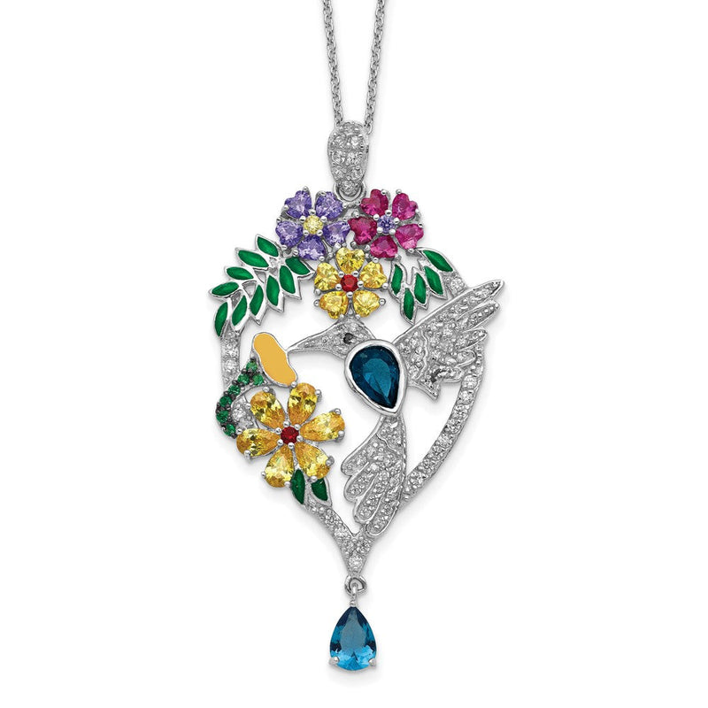 Sterlingsilber Cheryl M Rhodiniert Emailliert Mehrfarbig Brillant-cut Glas und Zirkonia Blumen Hummingbird 18 Zoll Halskette